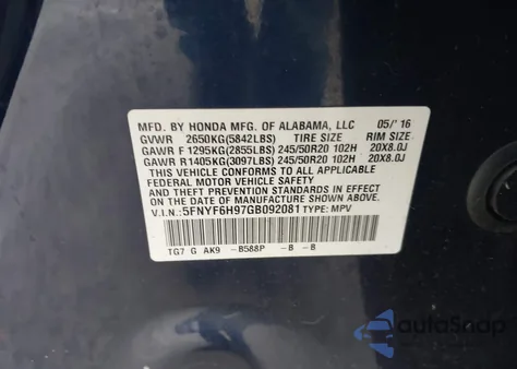 2016 Honda Pilot Touring z USA, uszkodzony, nr VIN 5FNYF6H97GB092081